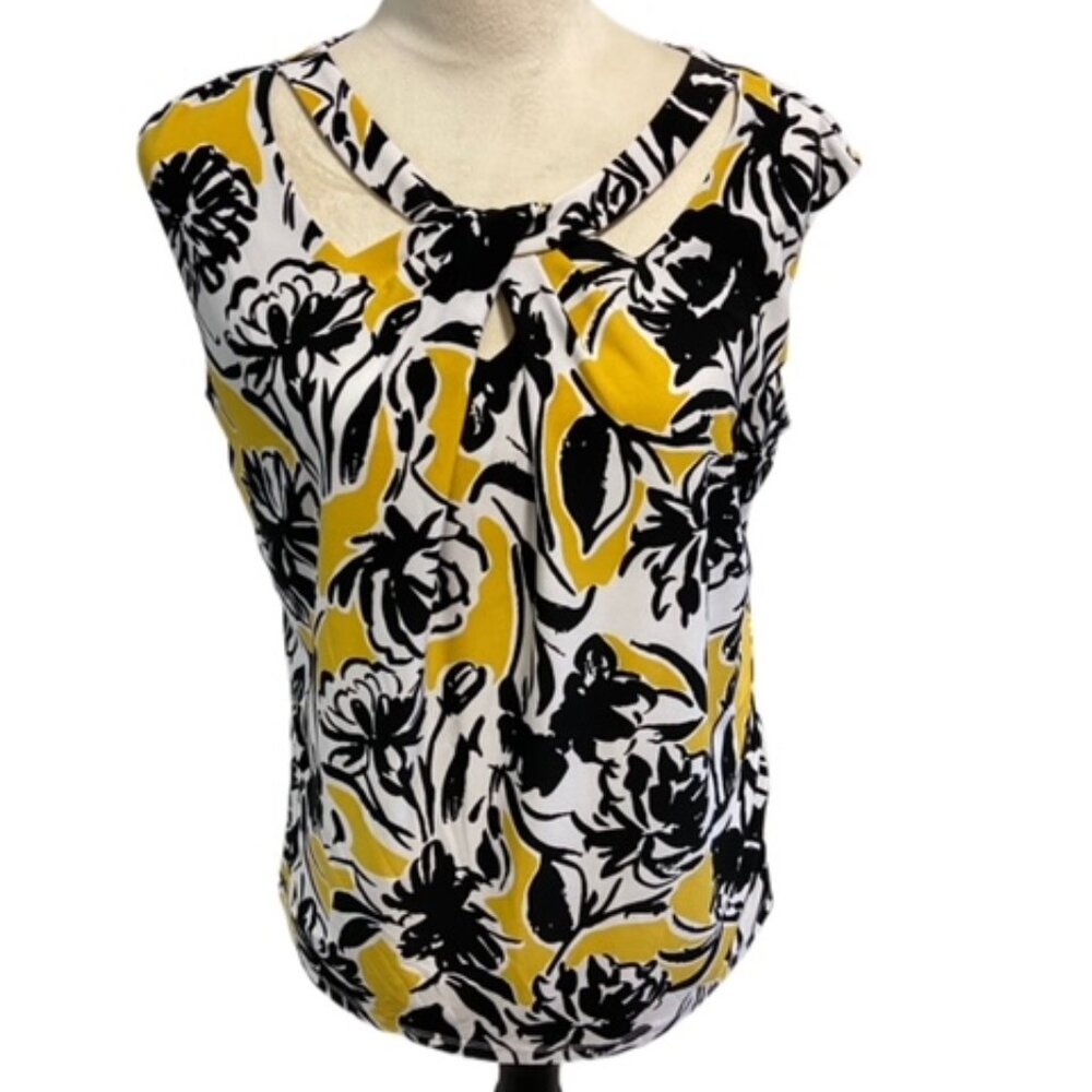 Kasper Keyhole Stretch Sleeveless Blouse Yellow and Black Print -M